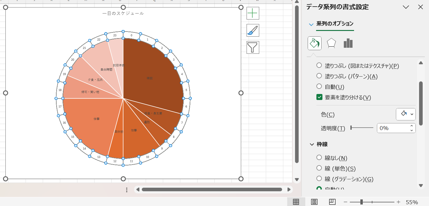 ドーナツグラフ自体をクリックし「塗りつぶし」と「枠線」を「なし（透明）」もしくは背景と同色に設定